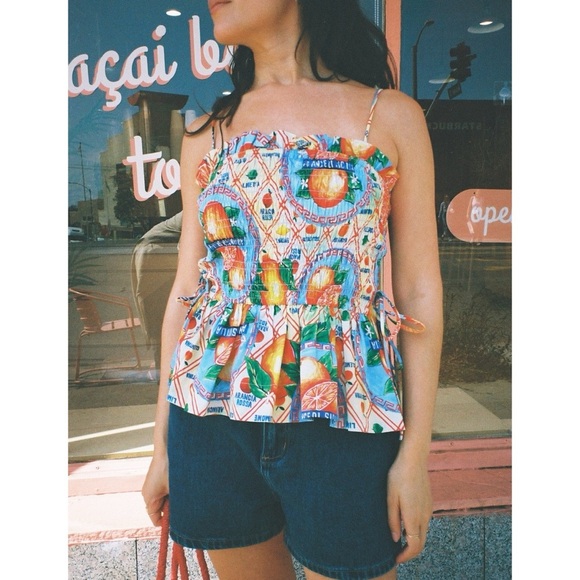 Damson Madder Marina Side-Tie Smocked Cami Top Orange Fruit Print 8 - Picture 14 of 14